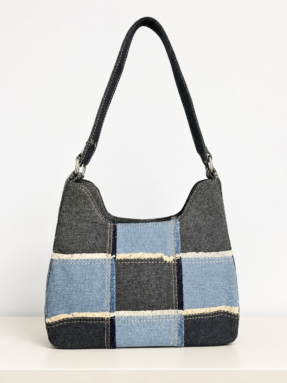 Denim Patchwork Shoulder Bag - Black & Light Blue